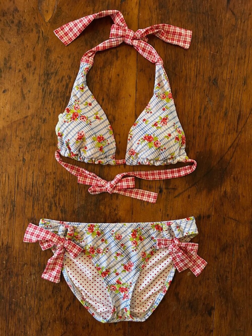 Vintage Betsey Johnson Red Plaid Blue Floral Picnic Bikini Set